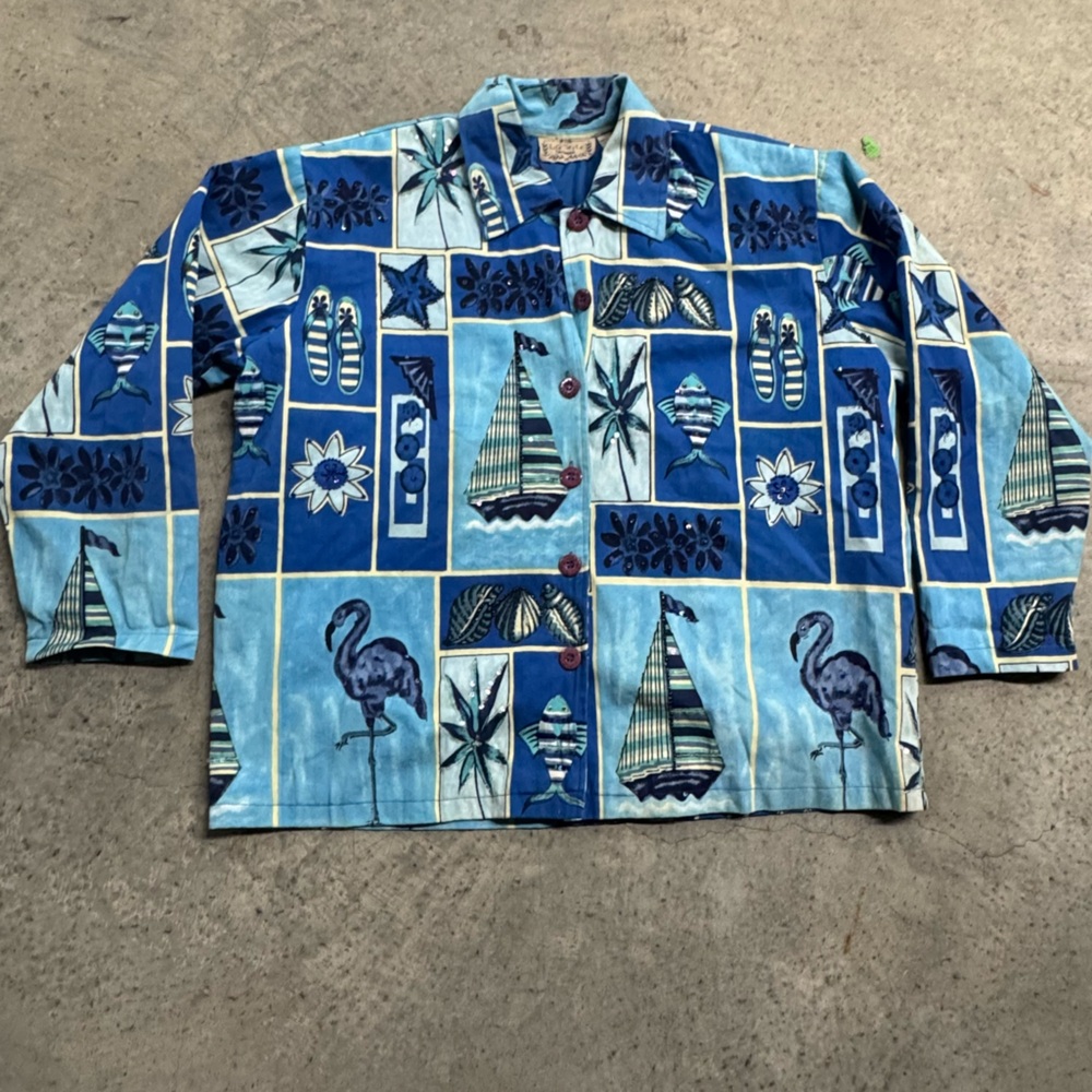 Life Style Blue Patterned Beaded Nautical Beach Button Down Top Lagenlook Resort